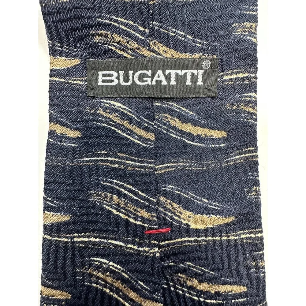 Bugatti Mens Silk Tie Navy & Gold Wave Pattern Made In USA - Picture 7 of 7